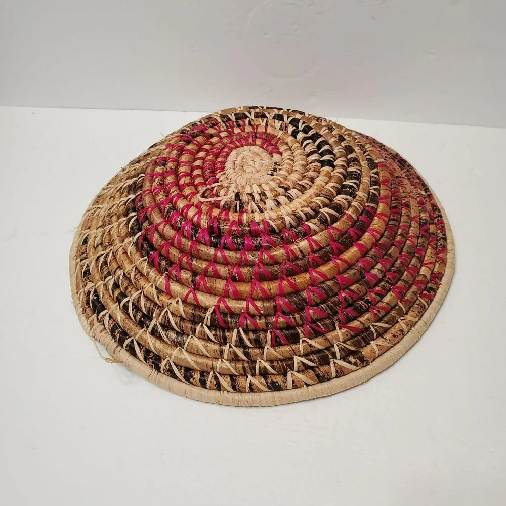 Handwoven Natural Straw Basket with Magenta & Black Accents, 13